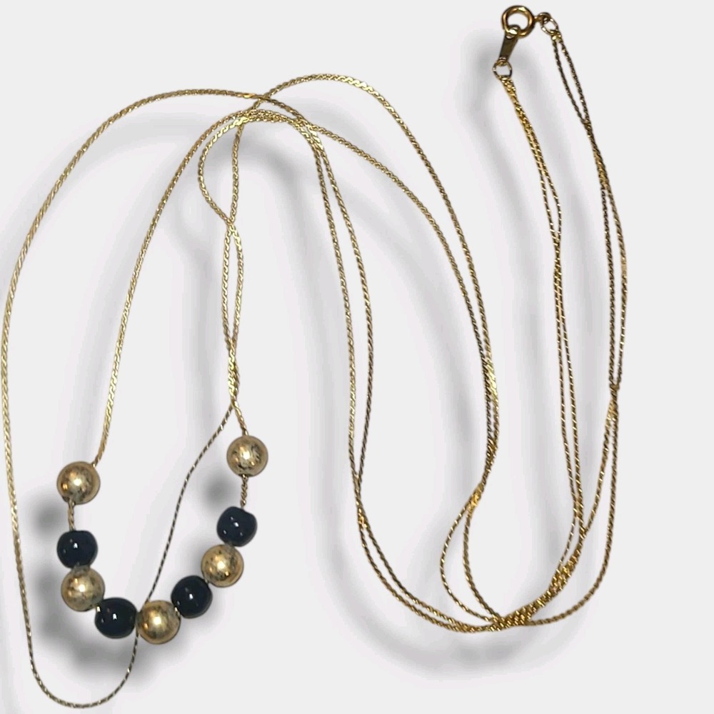 Dainty Minimalist Gold Tone & Black 2 Strand Layered Beaded Necklace 24" - Picture 2 of 7